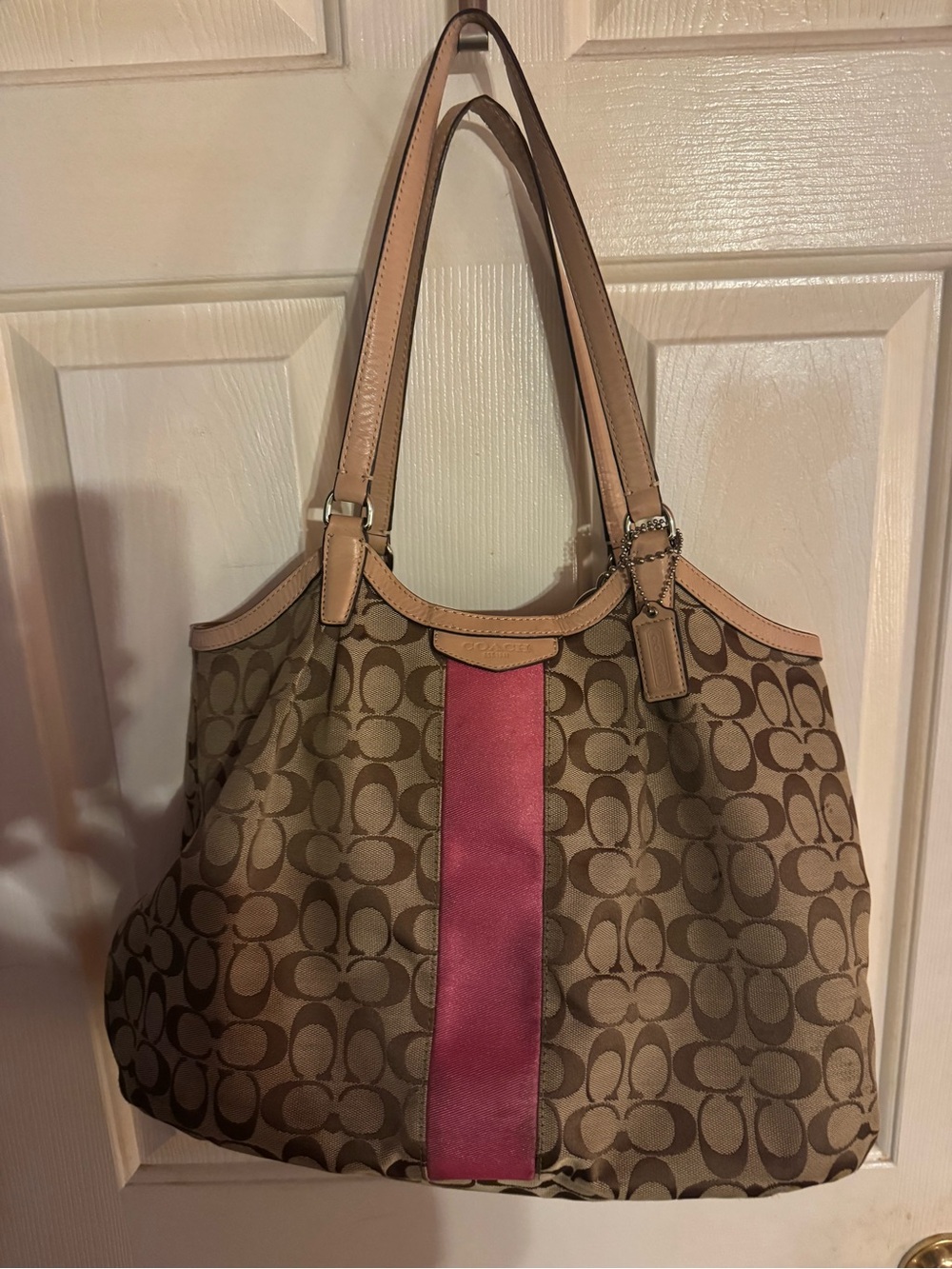 Coach Brown Signature Canvas Tote with Pink Center Stripe and Tan Trim